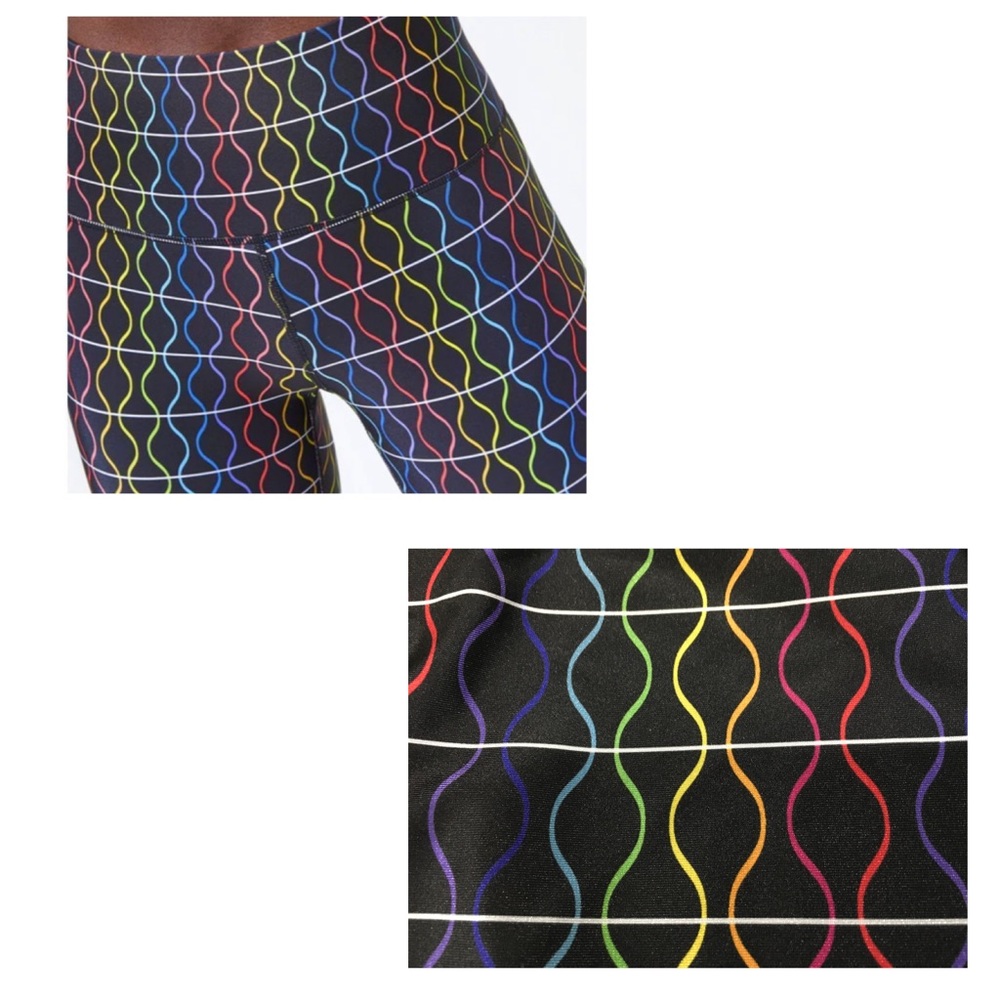 TEREZ ACTIVE WEAR 3” TALL BAND BLACK AND RAINBOW SOUND WAVES CAPRI LEGGINGS - Picture 3 of 13